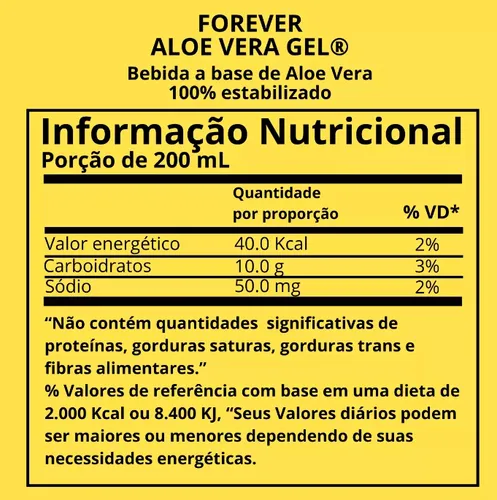 Informação Nutricional Porção de 200mL - Forever Aloe Vera Gel